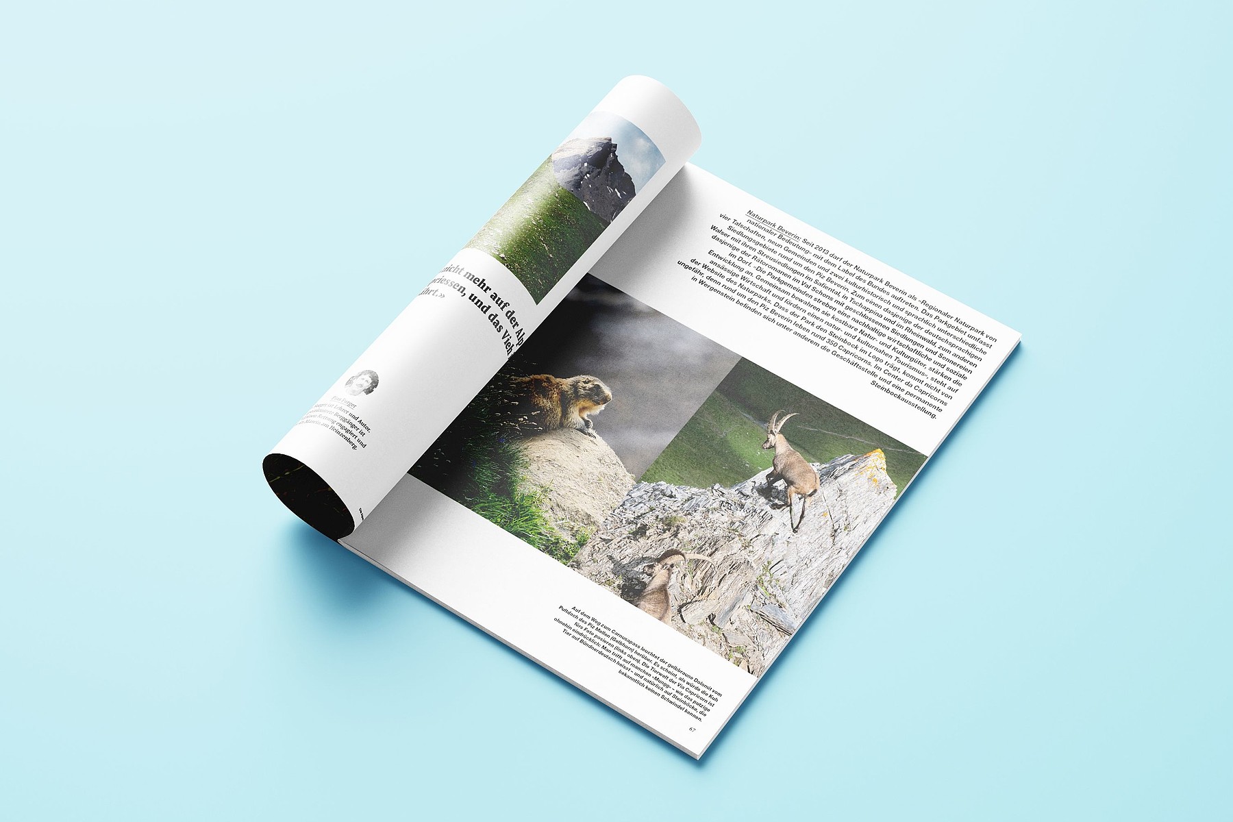 Eine aufgeschlagene Ausgabe des Magazins «Die Alpen» zeigt alpine Schneelandschaften.